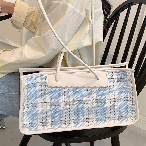 

Tweed Plaid Pattern Shoulder Tote Bag, Blue