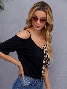 SHEIN Clasi Leopard Print Cold Shoulder Blouse - Multicolor - View 3