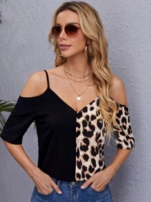 SHEIN Clasi Leopard Print Cold Shoulder Blouse - Multicolor - View 5