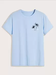 ROMWE MEN Áo thun nam hình cây cọ & khẩu hiệu - Màu xanh nhạt - Xem 1