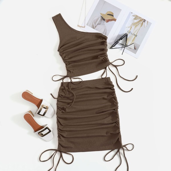 

One Shoulder Drawstring Ruched Side Top & Skirt Set, Coffee brown