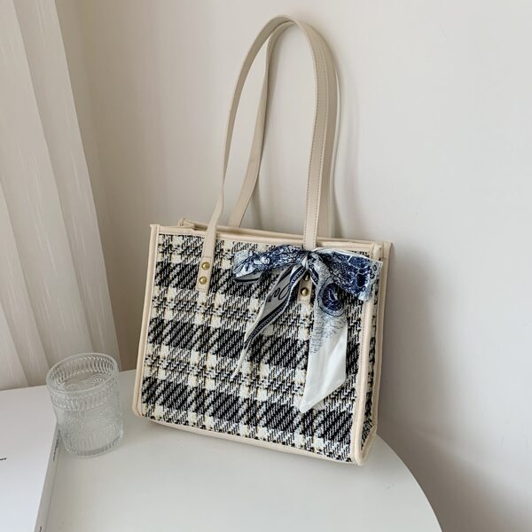 

Scarf Decor Tweed Shoulder Tote Bag, Black and white