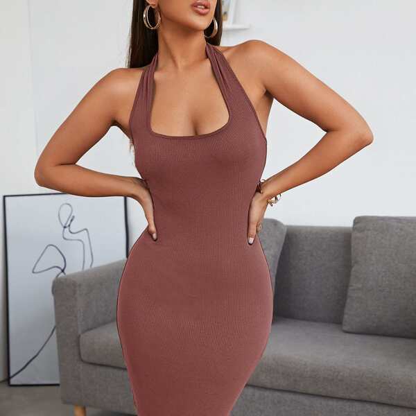 

Solid Rib-knit Halter Bodycon Dress, Rust brown