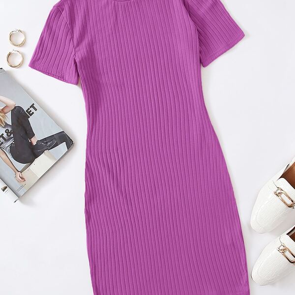 

Solid Rib-knit Bodycon Dress, Red violet