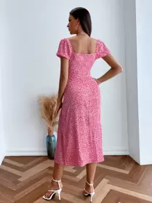 Aveloria Allover Print Square Neck Ruched Bust Milkmaid Dress - Hot Pink - View 2