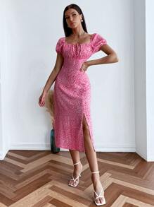 Aveloria Allover Print Square Neck Ruched Bust Milkmaid Dress - Hot Pink - View 3