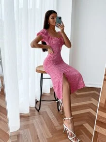 Aveloria Allover Print Square Neck Ruched Bust Milkmaid Dress - Hot Pink - View 4