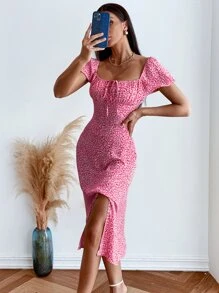 Aveloria Allover Print Square Neck Ruched Bust Milkmaid Dress - Hot Pink - View 6