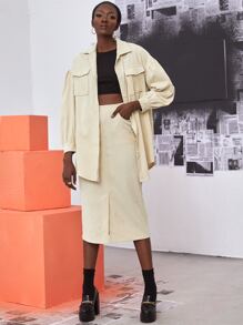 Flap Pocket Drop Shoulder Self Tie Coat - Apricot - View 1