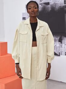 Flap Pocket Drop Shoulder Self Tie Coat - Apricot - View 3