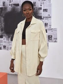 Flap Pocket Drop Shoulder Self Tie Coat - Apricot - View 5