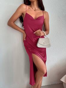 SHEIN Belle Vestido de tirantes de espalda abierta con abertura lateral - Rosa Roja - Ver 3