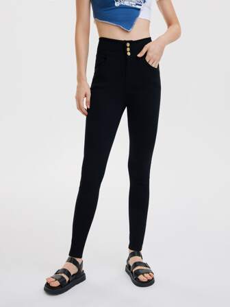 بنطلون كاجوال بقصة نحيفة، بأزرار أمامية، جيوب، لون أحادي للنساء