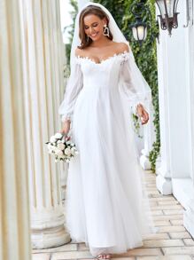 EVERPRETTY Contrast Lace Ruffle Mesh Flare Off Shoulder Wedding Dress - White - View 3