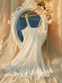 Vestido de dormir con malla transparente con diseño aplique - Blanco - Ver 2