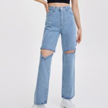High Waist Ripped Straight Leg Jeans