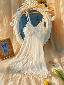 Vestido de dormir con malla transparente con diseño aplique - Blanco - Ver 5