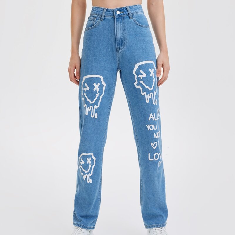 

Cartoon and Slogan Graphic Straight Leg Jeans, Medium wash