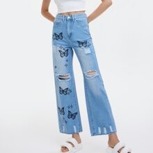 Bleach Wash Ripped Detail Butterfly Jeans