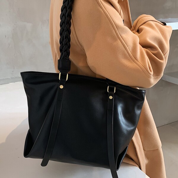 

Braided Strap Shoulder Tote Bag, Black