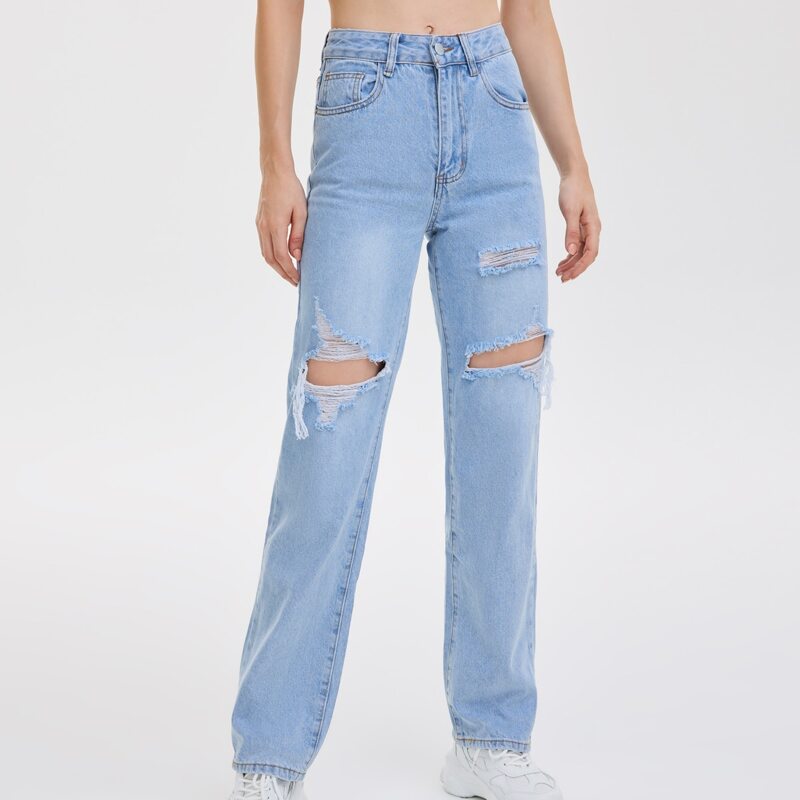 

High Waist Ripped Wide Leg Jeans, Light wash