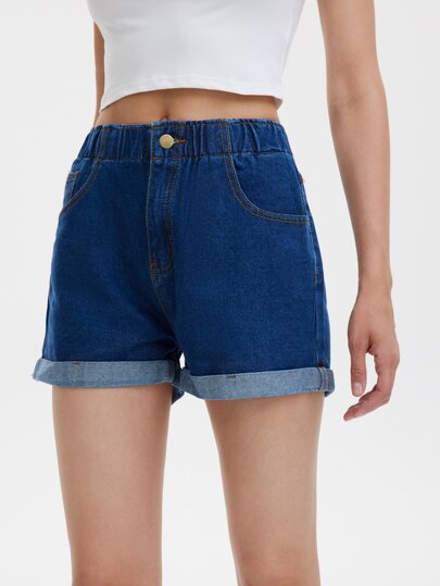 Shorts in denim con risvolto lavato
