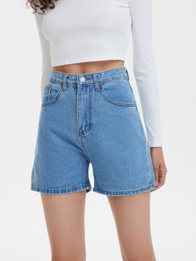 Einfarbige Denim Shorts mit geradem Beinschnitt