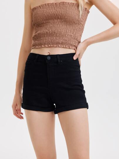 سروال قصير جينز بخصر عالي منحني