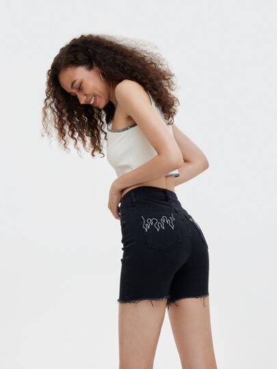 Fire Embroidery Raw Hem Denim Shorts