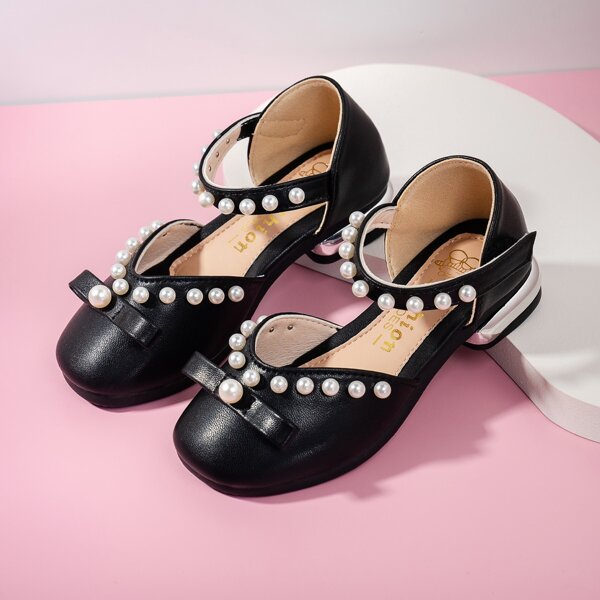 

Toddler Girls Bow & Faux Pearl Decor Flats, Black