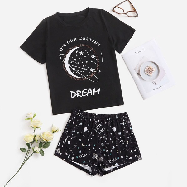 

Star And Slogan Graphic Tee & Shorts PJ Set, Black