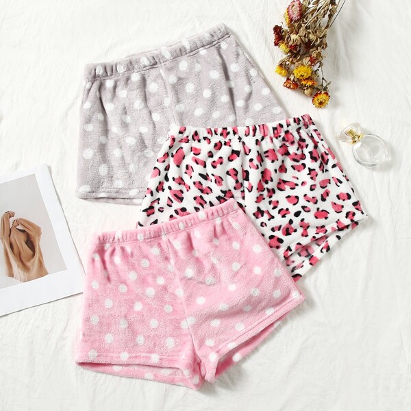 

3pcs Leopard And Polka Dot Pattern Flannel Sleep Shorts, Multicolor