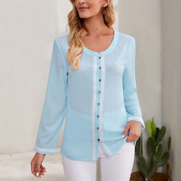 

Contrast Lace Trim Blouse, Blue