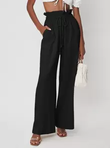 SHEIN Paperbag Waist Linen Wide Leg Trousers - Black - View 1