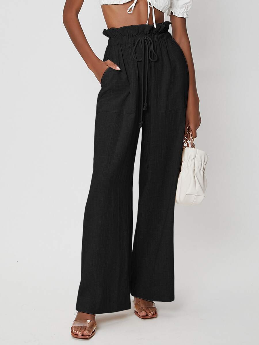 SHEIN Paperbag Waist Linen Wide Leg Trousers - Black - View 1