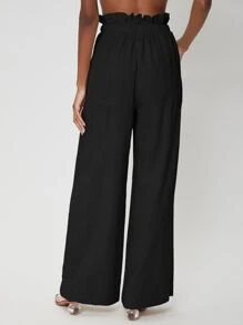 SHEIN Paperbag Waist Linen Wide Leg Trousers - Black - View 2
