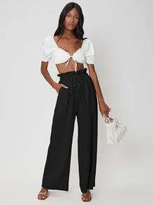 SHEIN Paperbag Waist Linen Wide Leg Trousers - Black - View 3