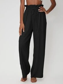 SHEIN Paperbag Waist Linen Wide Leg Trousers - Black - View 5