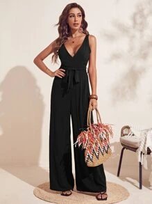SHEIN Privé 深V領前繫帶露背連身褲 - 黑色 - 查看 3