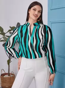 SHEIN Clasi Plus Striped Notched Blouse