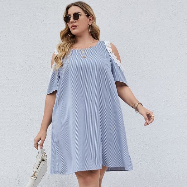 

Plus Striped Contrast Lace Cold Shoulder Dress, Blue and white
