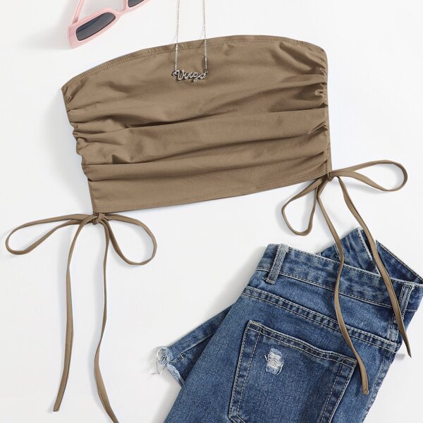 

Drawstring Knot Ruched Tube Top, Mocha brown