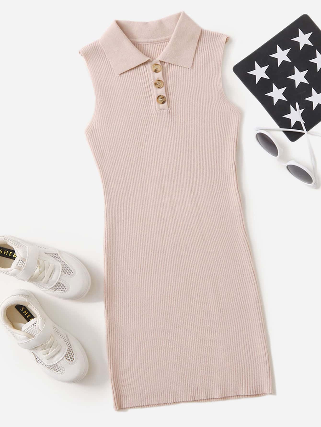 SHEIN Vestido de media tapeta con botón - Albaricoque - Ver 1