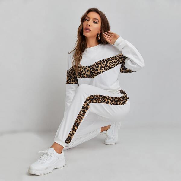 

Colorblock & Leopard Print Pullover & Sweatpants, White
