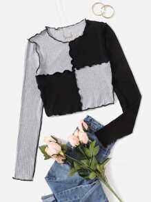 Muchica Stitch Trim Two Tone Rib Knit Crop Tee - Multicolor - View 1