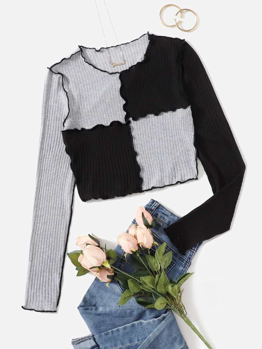 Muchica Stitch Trim Two Tone Rib Knit Crop Tee - Multicolor - View 1