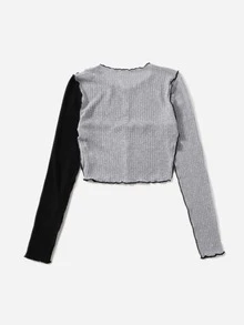 Muchica Stitch Trim Two Tone Rib Knit Crop Tee - Multicolor - View 2