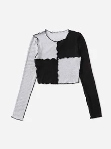 Muchica Stitch Trim Two Tone Rib Knit Crop Tee - Multicolor - View 5