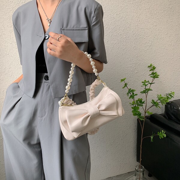 

Bow & Faux Pearl Decor Baguette Bag, White