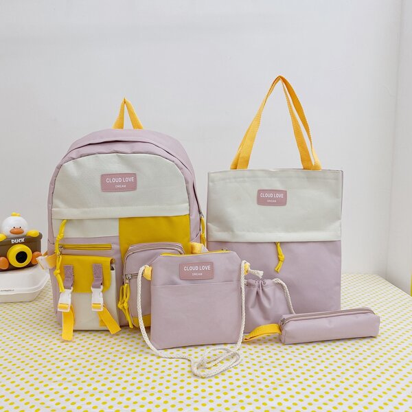 

5pcs Colorblock Letter Patch Backpack Set, Pink